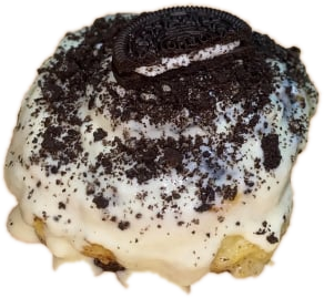 Oreo CnC cinnamon roll with cream cheese frosting and Oreo crumble